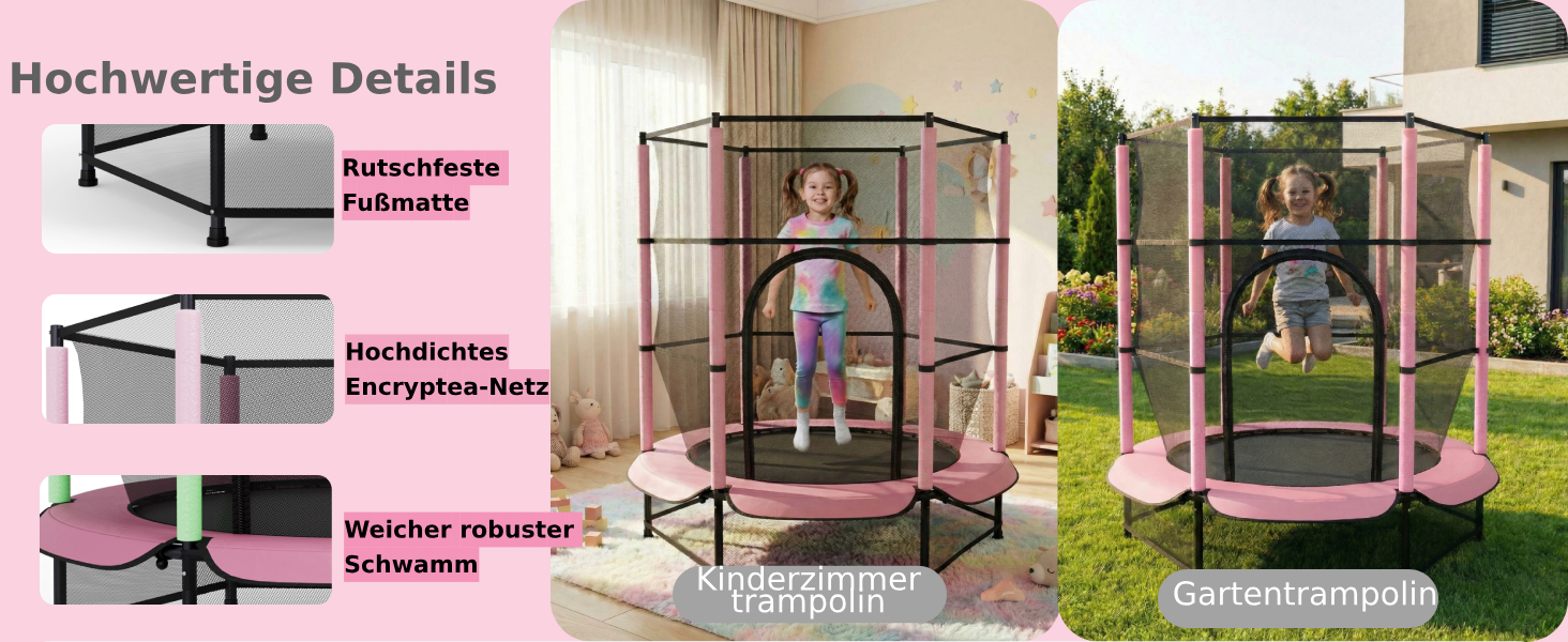 Трамплін для дітей LIFERUN Ø140см з сіткою безпеки, для ігор та тренувань, до 50 кг, рожевий