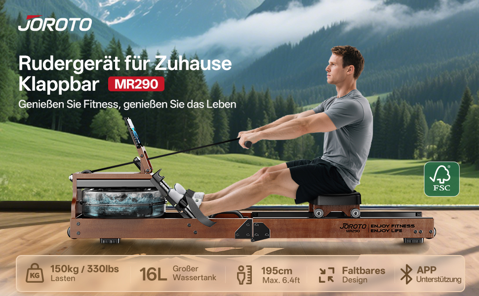 Гребний тренажер JOROTO для дому, дерев'яний, складаний | Bluetooth, сумісність з Kinomap | Макс. вага 150 кг, 16 л резервуар для води
