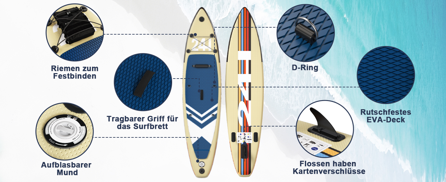 Надувний SUP борд JUMMICO Stand Up Paddle з каяком, 330x76x15 см, до 160 кг, для серфінгу, риболовлі, йоги (Хакі)