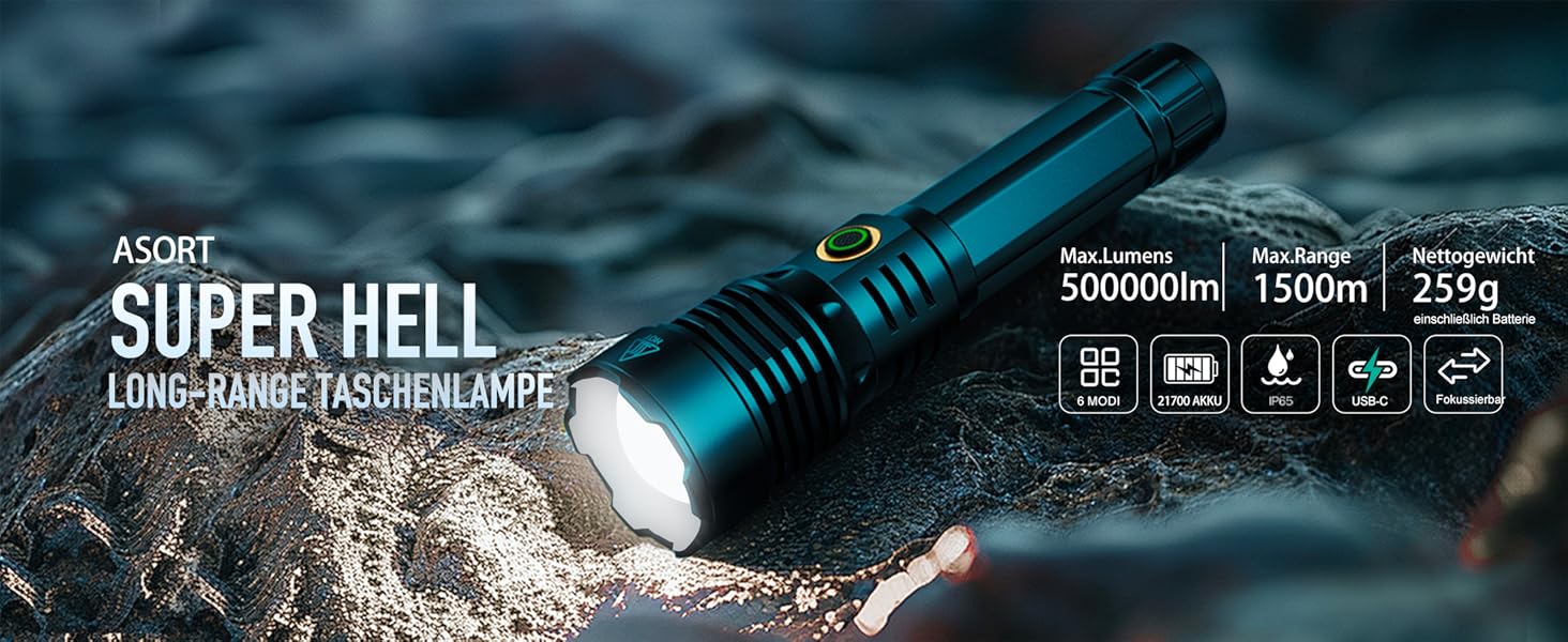 Тактичний ліхтарик ASORT 500000 люмен: USB-зарядний, Zoom, 6 режимів, водонепроникний IP67, з чохлом для кемпінгу та туризму