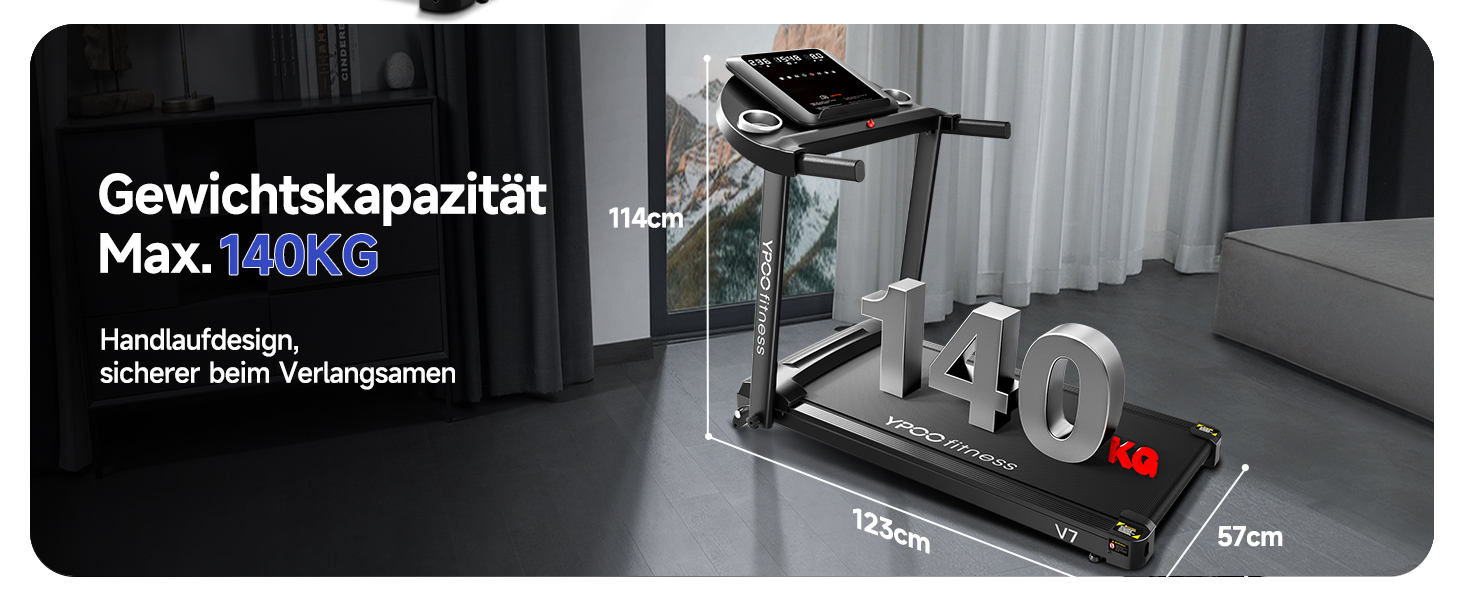 Біговий тренажер YPOO для дому, складаний з нахилом 8%, тихий до 13 км/год з великою поверхнею для бігу, 2.5 HP з LED-дисплеєм та APP, максимальне навантаження 140 кг