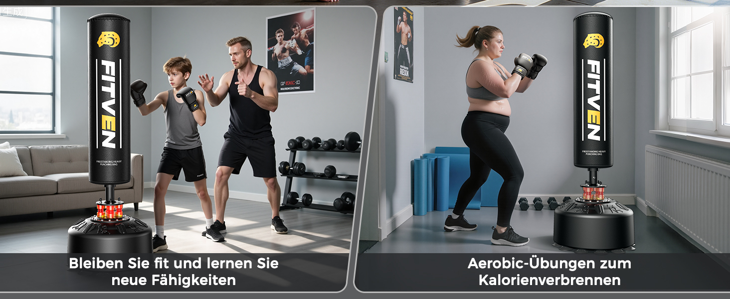 Боксерський мішок FITVEN стійкий з рукавичками, важкий, на присосках для дорослих та дітей, чорний