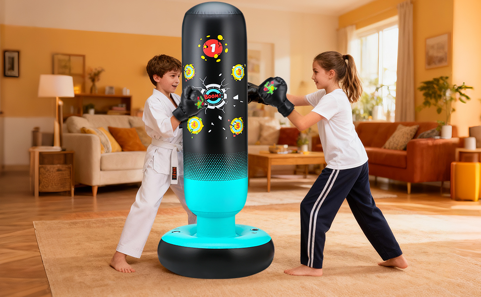 Дитячий боксерський мішок з боксерськими рукавичками та насосом, 165 см, стабільний динозавр та мішень, 2 в 1, надувний боксерський мішок для дітей, комплект для тренувань, подарунок для хлопчиків та дівчаток 3-12 років