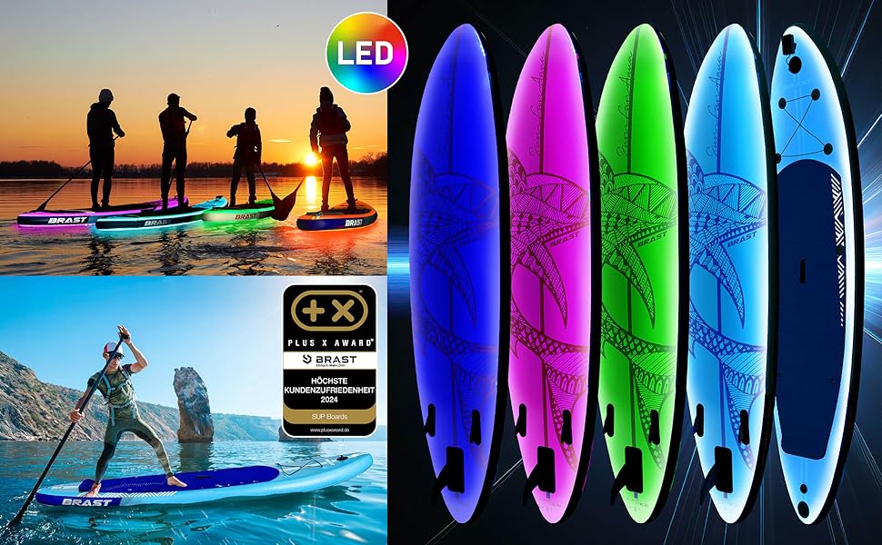 SUP Board BRAST з LED-підсвіткою | Надувний комплект для станд-ап паддлінгу | 320x81x15 см | 4 дизайни | LED-підсвічування (10 кольорів) | 5 років гарантії | 2-в-1: весло + сидіння для каяка | Тримач для Action-Cam, петля для ніг | Гавайський стиль