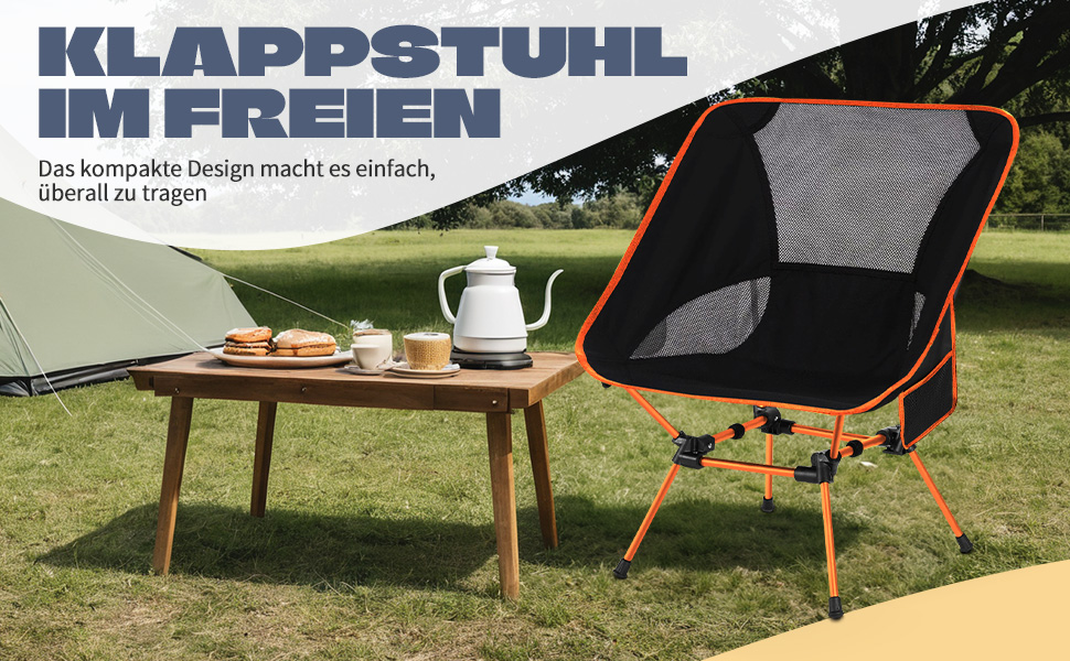 Складний туристичний стілець для кемпінгу з сіткою та кишенями, вантажопідйомність 150 кг, оранжевий