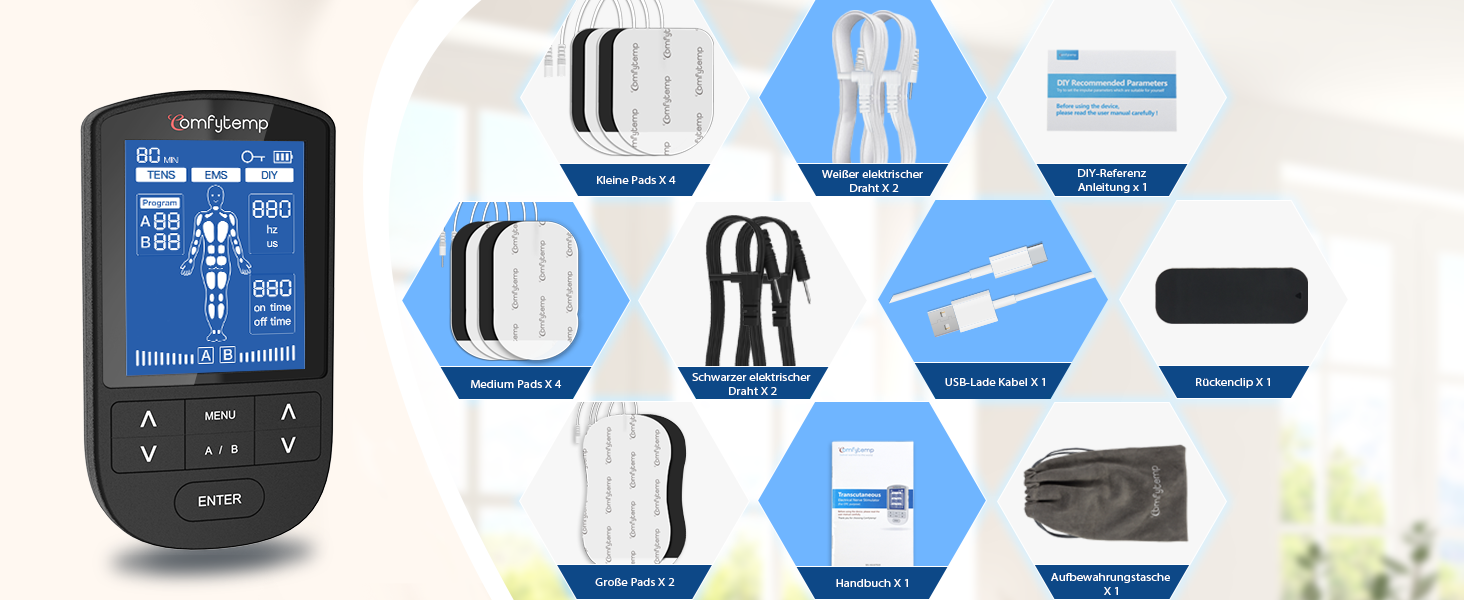 Пристрій TENS/EMS Comfytemp K6106 з 4 каналами та 8 електродами для терапії болю та масажу, 24 режими, 10 електродів