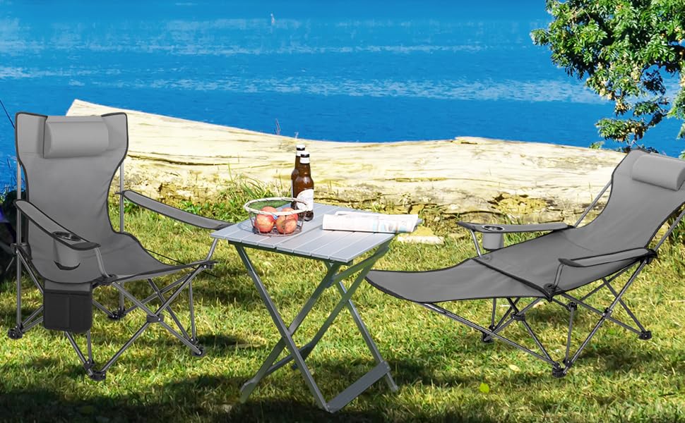 Крісло для кемпінгу Woltu, складане, рибальське, легке, з підніжкою та підсклянником, сіре