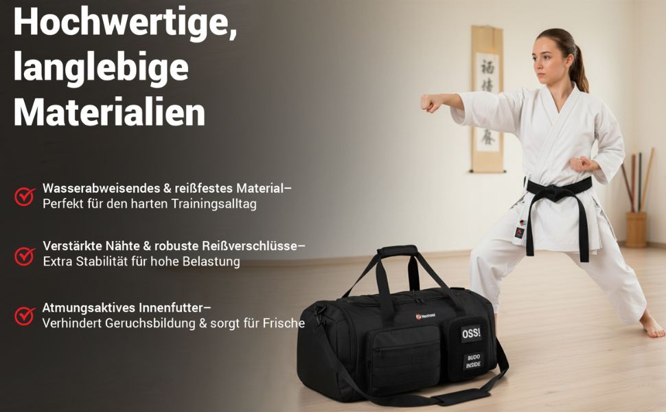 Спортивна сумка для бойових мистецтв 50L чорна для дзюдо, джиу-джитсу, карате з окремими відділеннями та відділенням для взуття