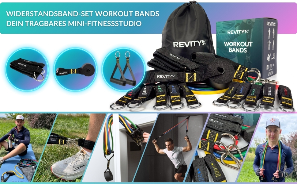 Стрічки для силових тренувань Widerstandsbänder 5 шт. - Набір еластичних стрічок з ручками для тренувань всього тіла з планом тренувань PDF - Натуральний латекс, довговічні, універсальні фітнес-стрічки для жінок та чоловіків