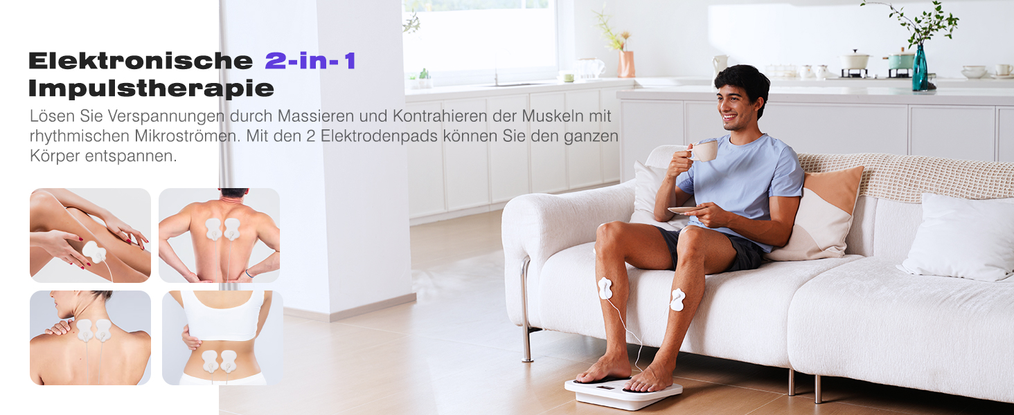 Масажер для ніг та тіла Medic EMS TENS - стимулятор кровообігу з 10 режимами та 20 рівнями інтенсивності. Зменшує біль при п'ятковому фасціїті, невропатії та болю. Білий колір.