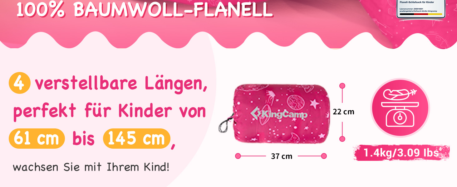 Спальний мішок KingCamp для дітей, фланелевий, легкий, водонепроникний, компактний, зимовий, 4 сезони, для кемпінгу, підходить для дітей до 140 см, комфортна температура: 7°C, рожевий, регульована довжина