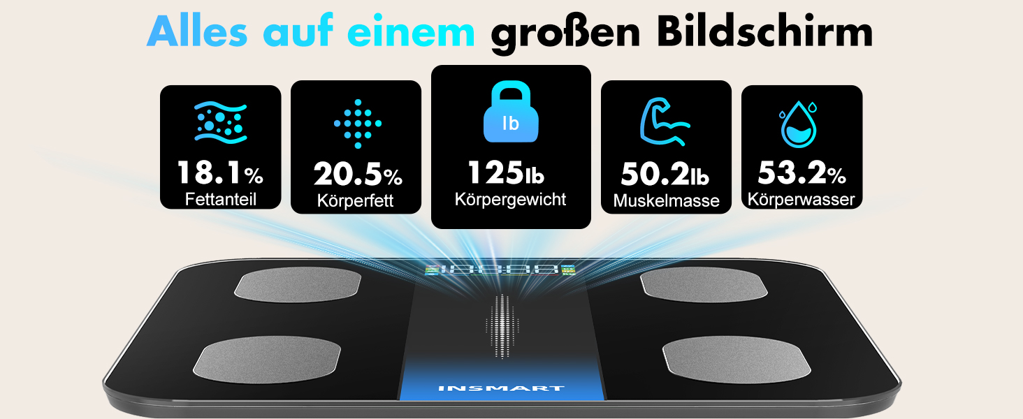 Ваги підлогові Insmart з Bluetooth, аналізатор складу тіла (16 параметрів): вага, BMI, жир, м'язи, вода, чорні