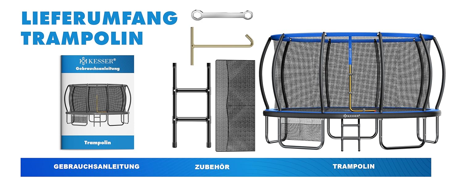 Трамплін KESSER® Outdoor Ø 244/305/366/427 см з сертифікатом GS, для дітей та дорослих (до 150 кг) з сіткою, сумкою, сходами, захистом краю та м'якими стійками сітки (Блакитний, Ø 366 см)