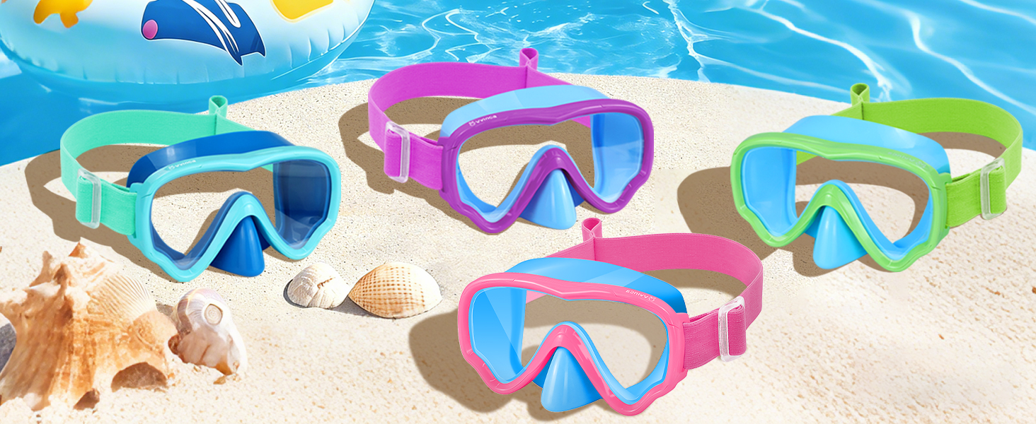 Дитячі маски для снорклінгу Vvinca з регульованим ремінцем, маски для плавання для дітей 3-14 років, хлопчиків та дівчаток, маска для дайвінгу 180° панорама, антизатоплювальна, 1-блакитний+рожевий