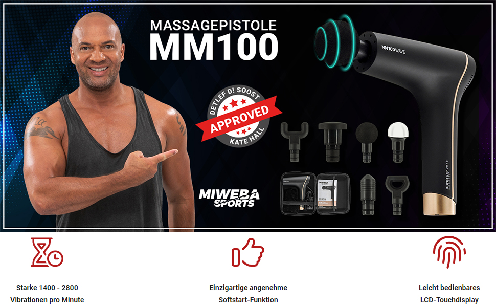 Спортивний масажний пістолет Miweba MM100 Wave Massager - Масажний пістолет - Пістолет для масажу м'язів - РК-сенсорний дисплей - Плавний пуск - 6 насадок - 10 рівнів вібрації - Fitgun (MM100 Чорний/Золотий) mm100 Золото/Чорний