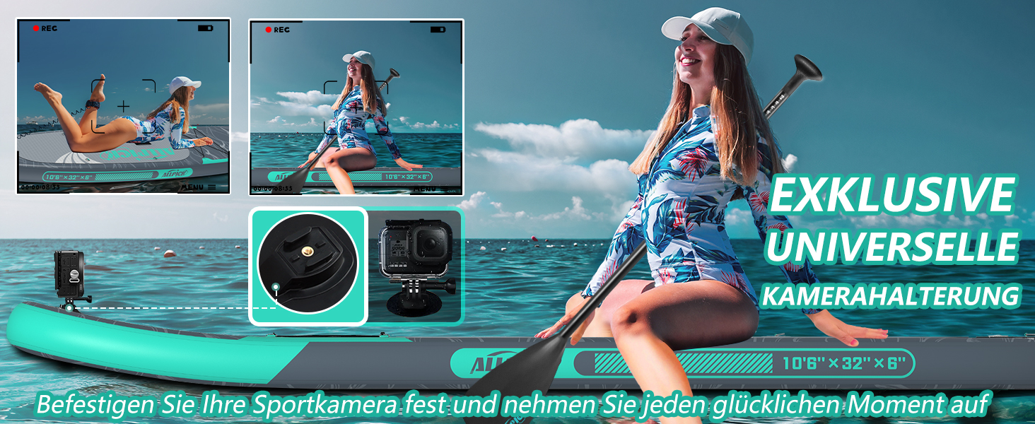 Надувний SUP-борд ALLPICK Premium Set: Комплект для станд-ап паділінгу з аксесуарами, кріпленням для камери та регульованим веслом (200 кг, Сіво-бірюзовий)