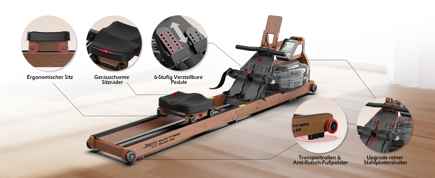 Гребний тренажер JOROTO MR380, дуб, складний, бак 28 л, 158 кг, Bluetooth