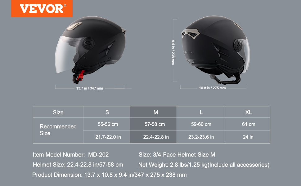Мотоциклетний шолом VEVOR 3/4 обличчя, розмір M (55-56 см), з Bluetooth, високощільний ABS, DOT сертифікат, для дорослих і підлітків
