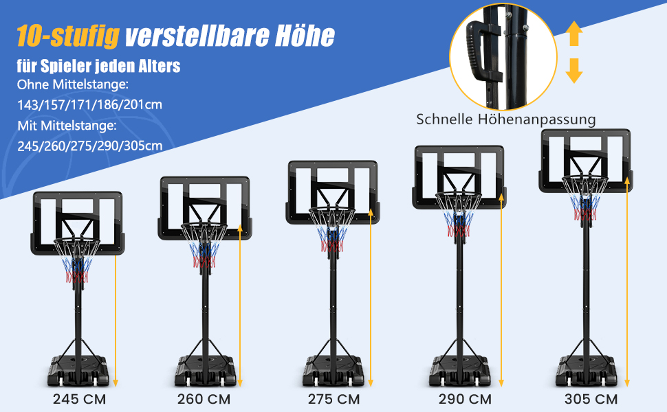 Баскетбольне кільце GOPLUS вуличне, регульована висота 143-305 см, стійка на колесах для підлітків та дорослих