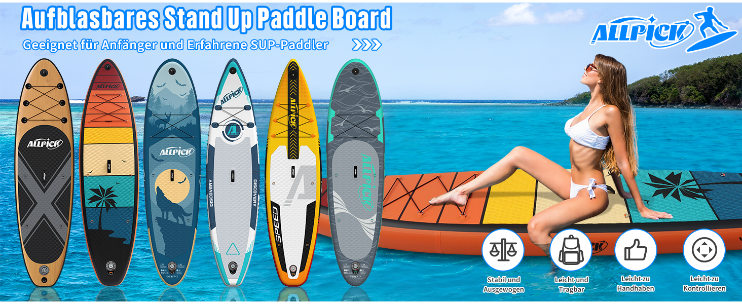 Надувний SUP-борд ALLPICK Premium з аксесуарами, кріпленням для камери та регульованим веслом (200 кг)