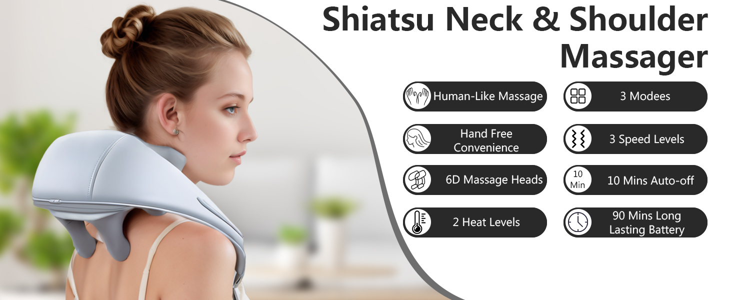 Електричний масажер для шиї та плечей Shiatsu з підігрівом, 4D масаж, бездротовий, для чоловіків та жінок, сірий A