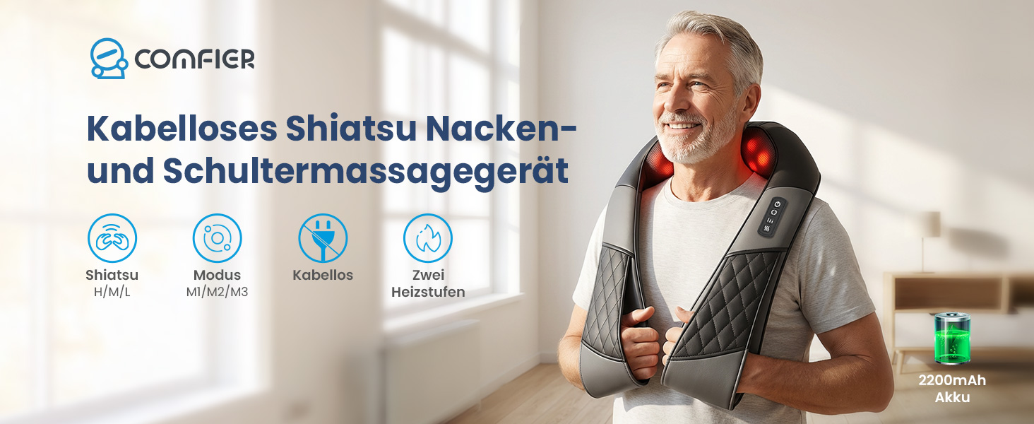 Бездротовий масажер для шиї та плечей COMFIER з функцією підігріву, чорний