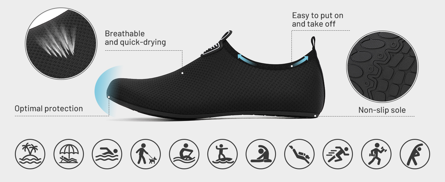 Чоловічі та жіночі аквашузи для плавання та відпочинку на пляжі. Легкі, швидковисихаючі, з антиковзким покриттям. Розмір 41 EU, чорний колір