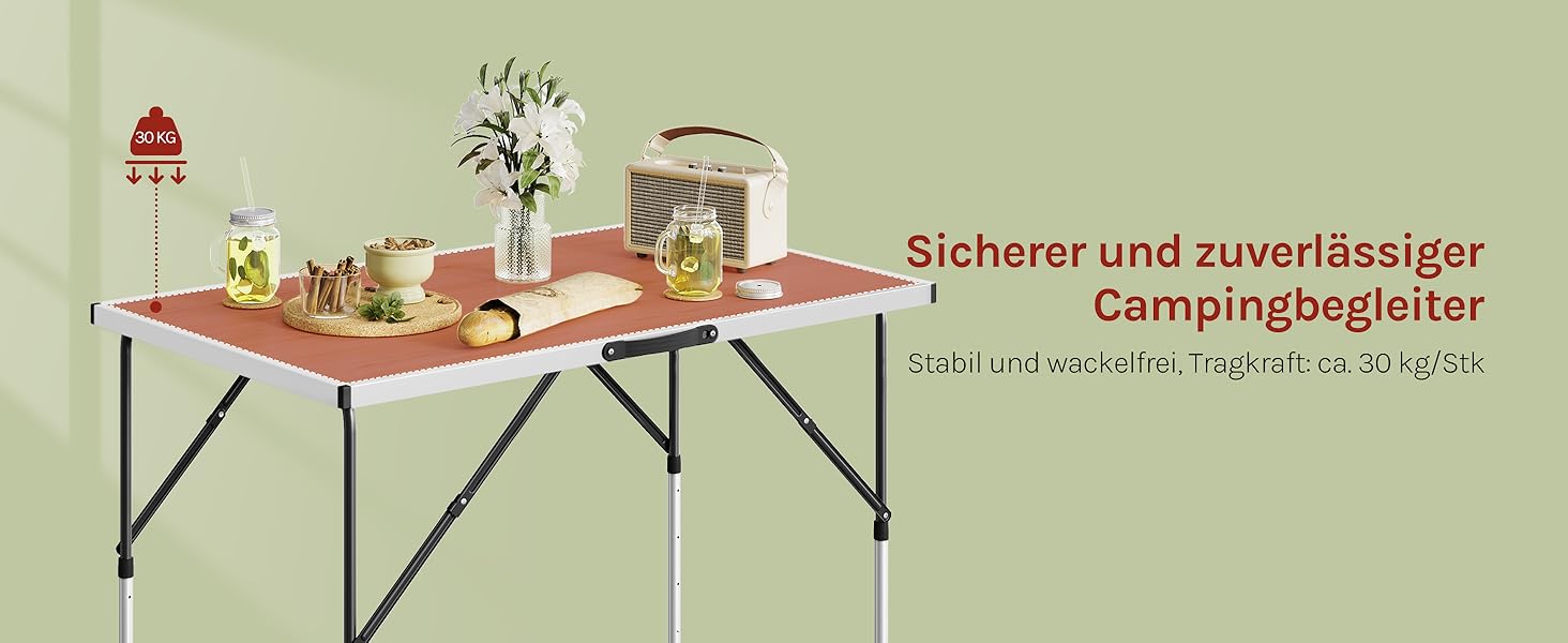 Стіл для кемпінгу, розкладний садовий, робочий, балконний від WOLTU® - регульована висота, алюміній, сталь, МДФ (світлий дуб)