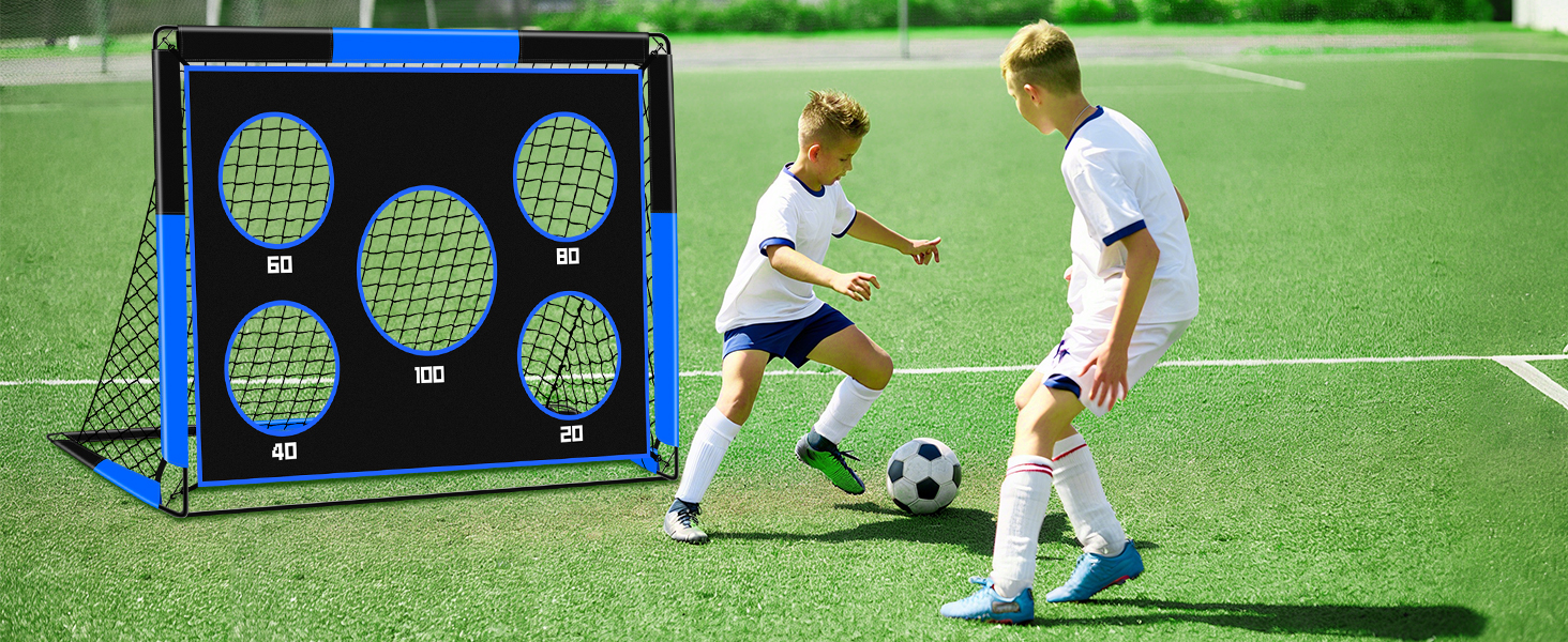 Дитячі ворота для футболу 2-в-1, 150 x 120 см, переносні та стабільні, з 5 цілями, 4 земляні кілочки та сумка, для саду, парку, пляжу (блакитні)