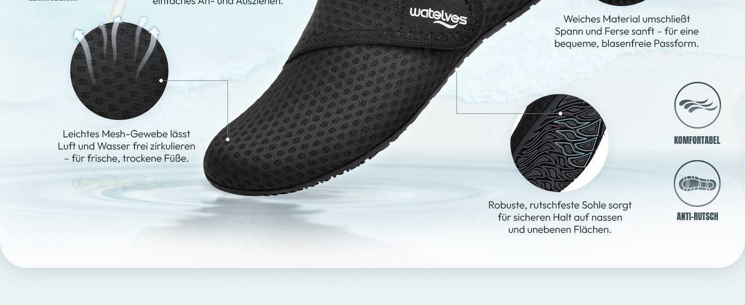 Шкарпетки для плавання та водних видів спорту WateLves: чоловічі та жіночі, швидковисихаючі, дихаючі, для пляжу, басейну, унісекс, 38/39 EU, чорні