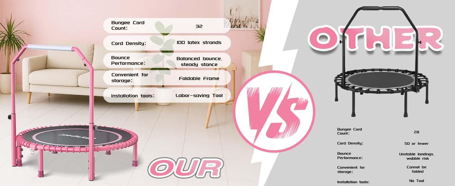 Міні-батут для фітнесу JOY SPOT! Ø102 см, складний, з пружинами та регульованою ручкою, вантажопідйомність 204 кг, для дому та вулиці, з скакалкою