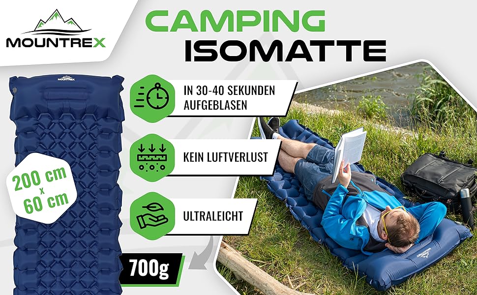 Надувна туристична матрац MOUNTREX Isomatte - Ultraleicht, 700g, з насосом, для кемпінгу та відпочинку на природі (зелений/блакитний)