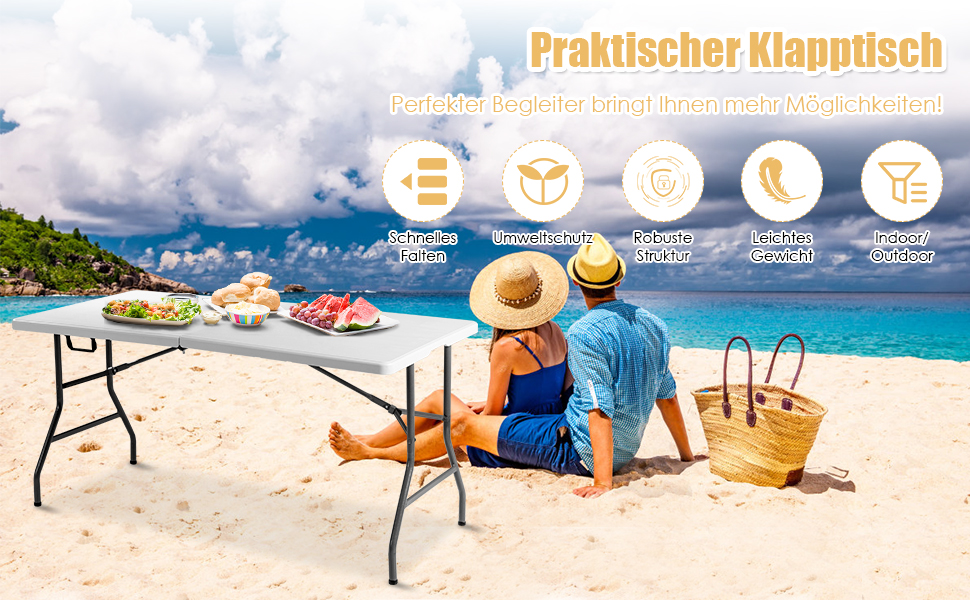 Складаний стіл RELAX4LIFE з ручкою для перенесення, 153 x 74 x 74 см, білий. Витримує до 150 кг. Ідеальний для кемпінгу, саду, балкону, пікніків та ринку.