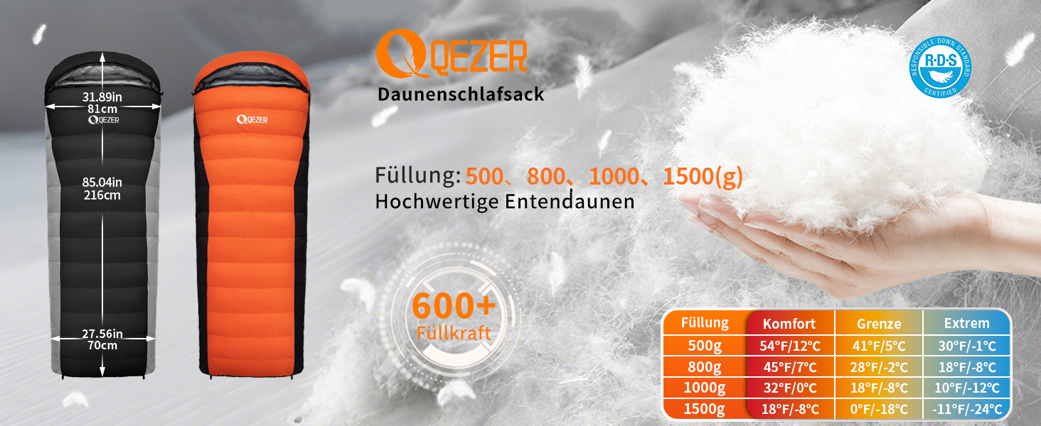 Сплячий мішок пуховий зимовий, 600FP+ преміум-пух, 12°C -24°C, легкий та теплий для 3-4 сезонів, кемпінг, трекінг, походи, оранжевий