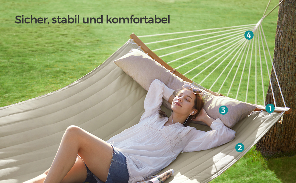 Гамак SONGMICS для 2 осіб з подушкою, сірий-бежевий, 200 x 140 см, до 225 кг, з бамбуковими стійками