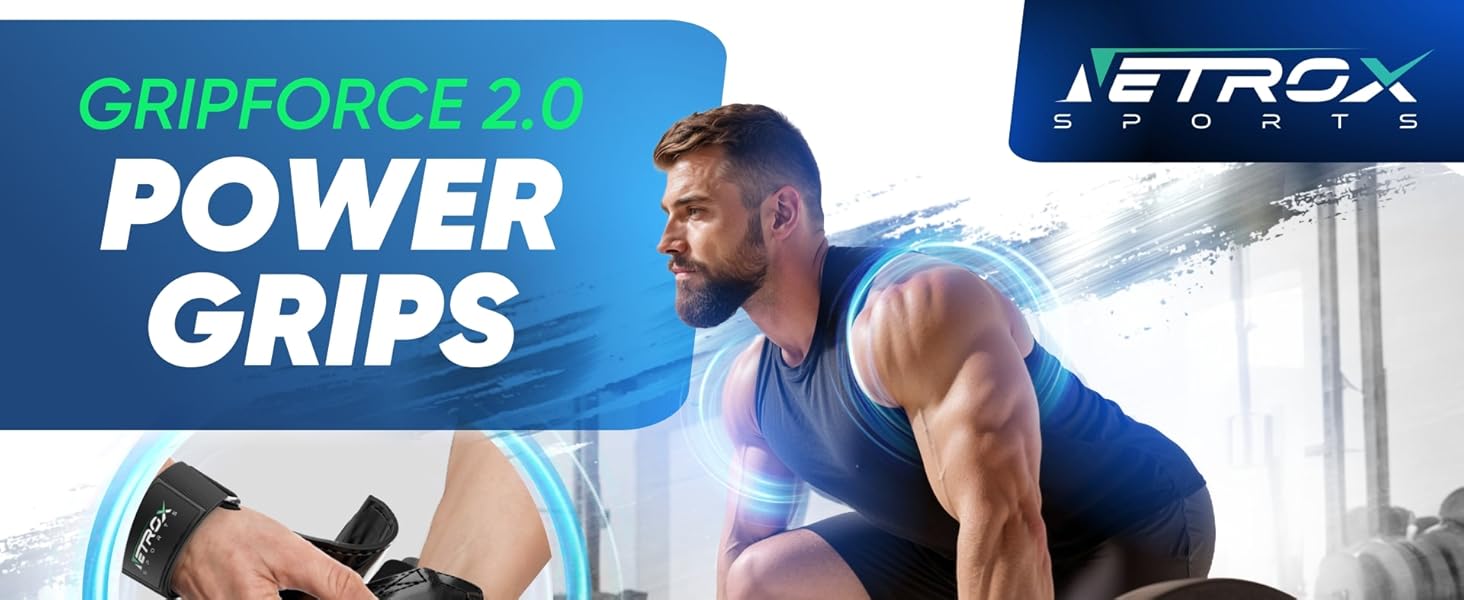 Гріпси для тренувань NetroxSports Power Grips - фітнес-ремні для підйому важкої ваги, бодібілдингу з захистом зап'ястя, чорні (M)