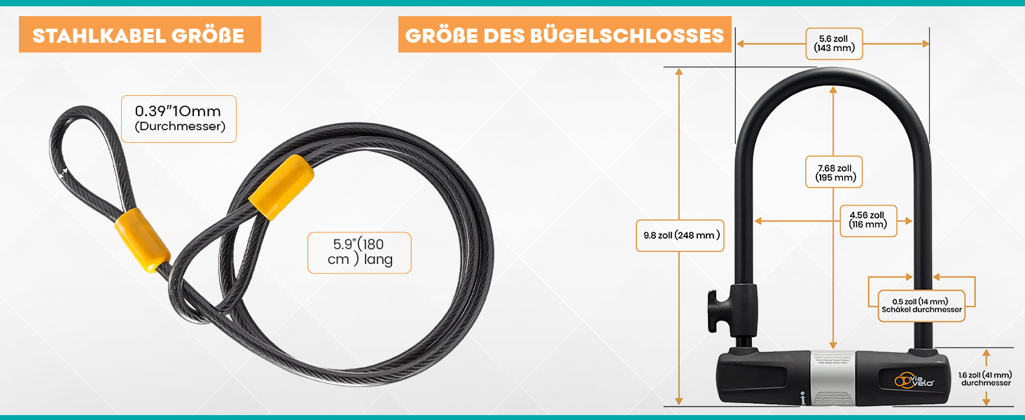 Блокиратор велосипедів Via Velo з кабелем, 14 мм дуга, 1,8 м кабель та кріплення – замок для електровелосипеда, шосе, MTB та складаного велосипеда, чорний