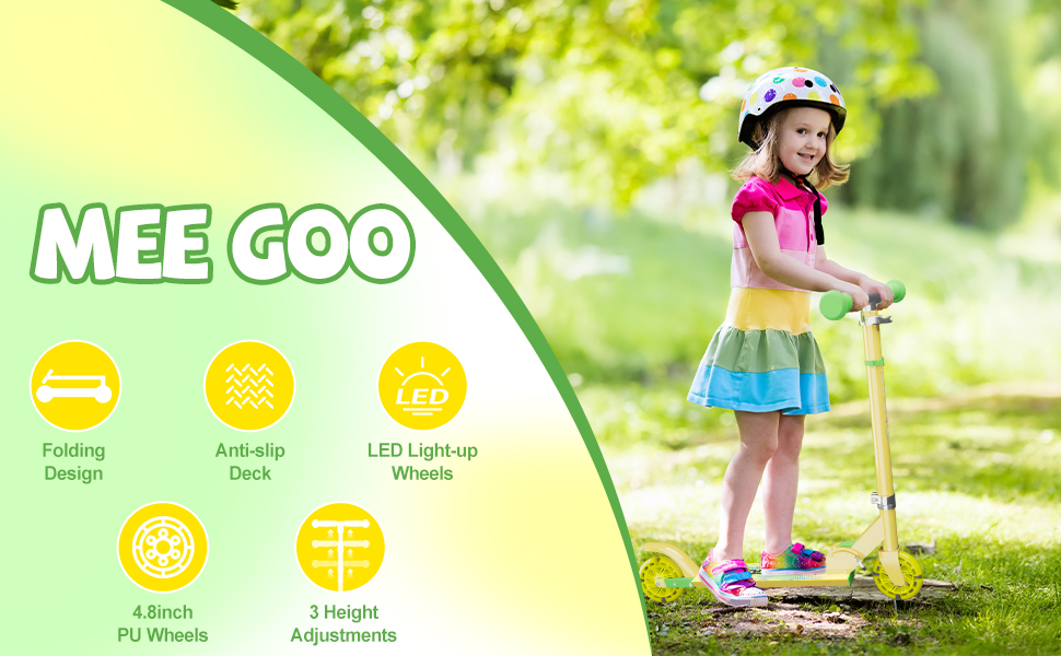 MEE GOO Роликовий самокат для дітей з алюмінію, складний, 3 регульовані висоти, LED колеса, жовтий
