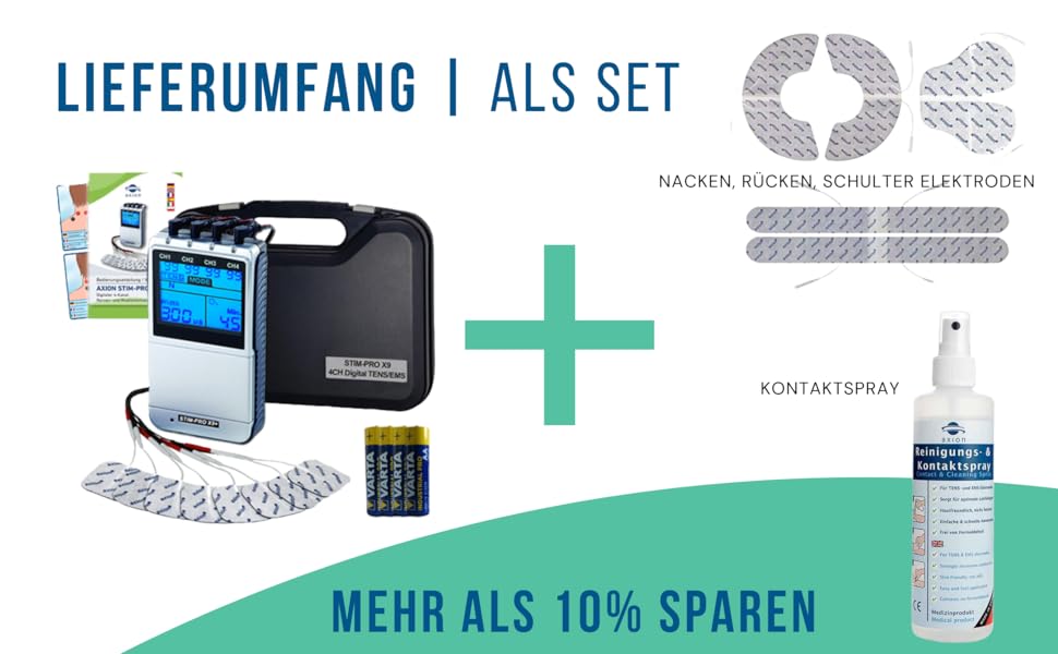 Пристрій TENS EMS STIM-PRO X9+ з 4 каналами та 8 електродних пелюшок 5x5 см для болісної терапії, масажу та нарощування м'язів. 4 канали, STIM-PRO X9+, axion® (2) X9, сертифікований медичний пристрій.