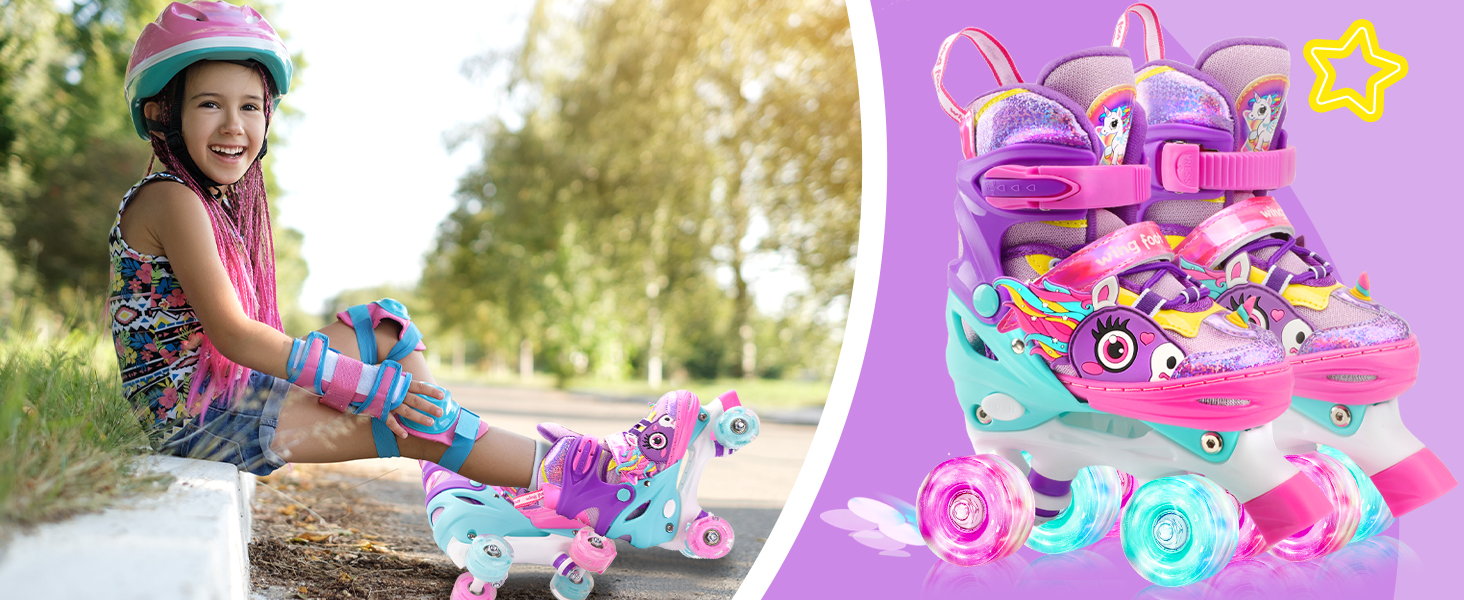 Дитячі ролики Єдиноріг для дівчаток та хлопчиків, регульовані розміри, світлові колеса, ролики-човники для початківців, фіолетовий колір
