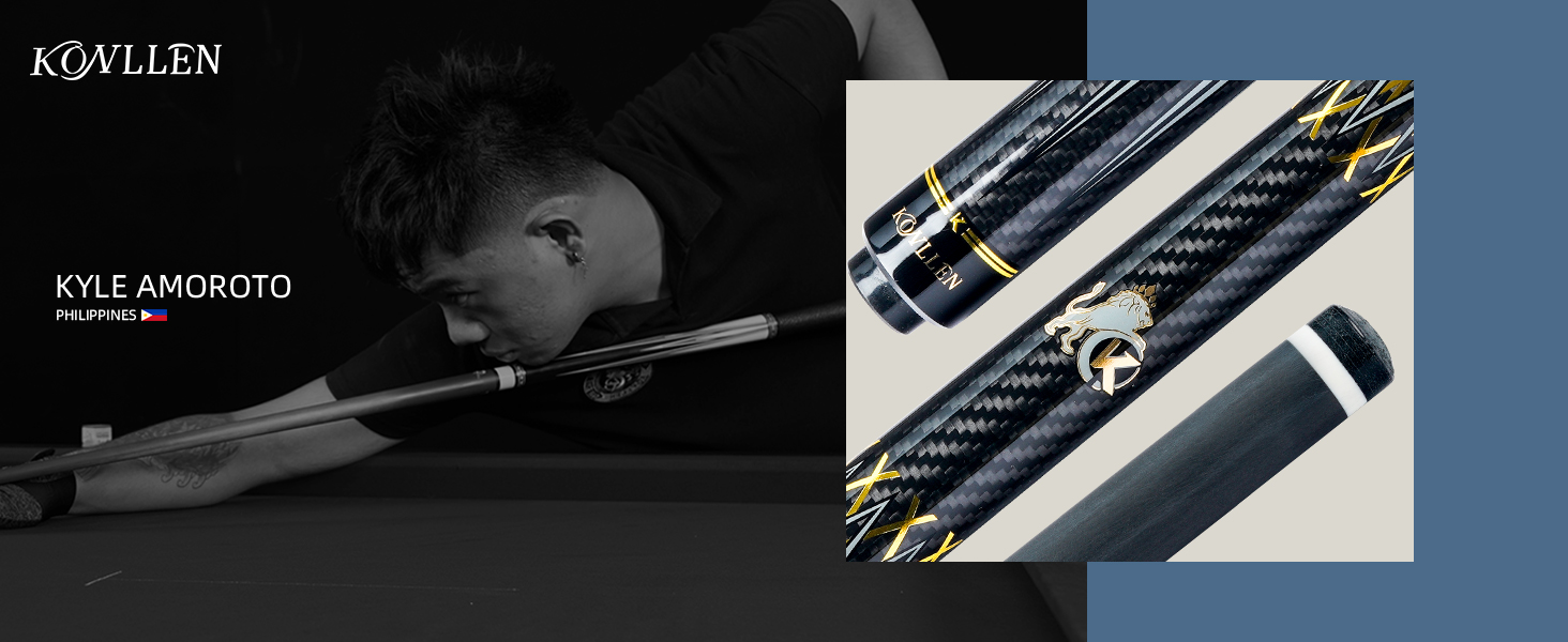 KONLLEN Billardqueue з вуглецевого волокна, 58 дюймів, професійний більярдний кий для дорослих, технологія Vollcarbon, мінімальний відгін, наконечник 12.5 мм (Pro Taper, ультрагладкий) KL-3K