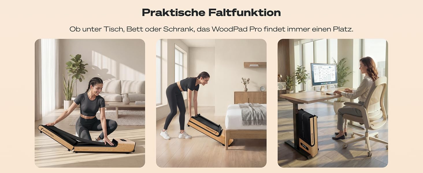 Складана бігова доріжка для ходьби Sportstech WoodPad Pro: компактний тренажер для дому та офісу, до 8 км/год, з крокоміром та підтримкою додатку, навантаження до 120 кг