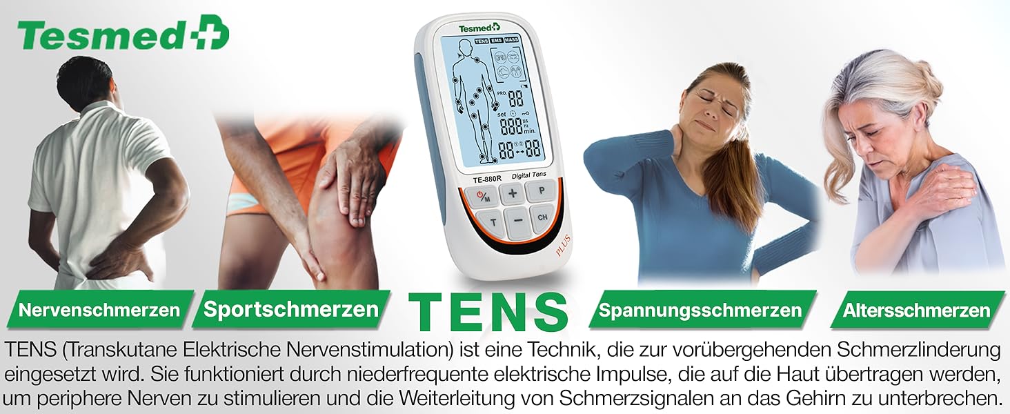 TESMED TE-880R Plus: Музелелектричний стимулятор TENS EMS, пристрій для зняття болю та масажу, 73 програми (2 налаштовуються), 8 електродів