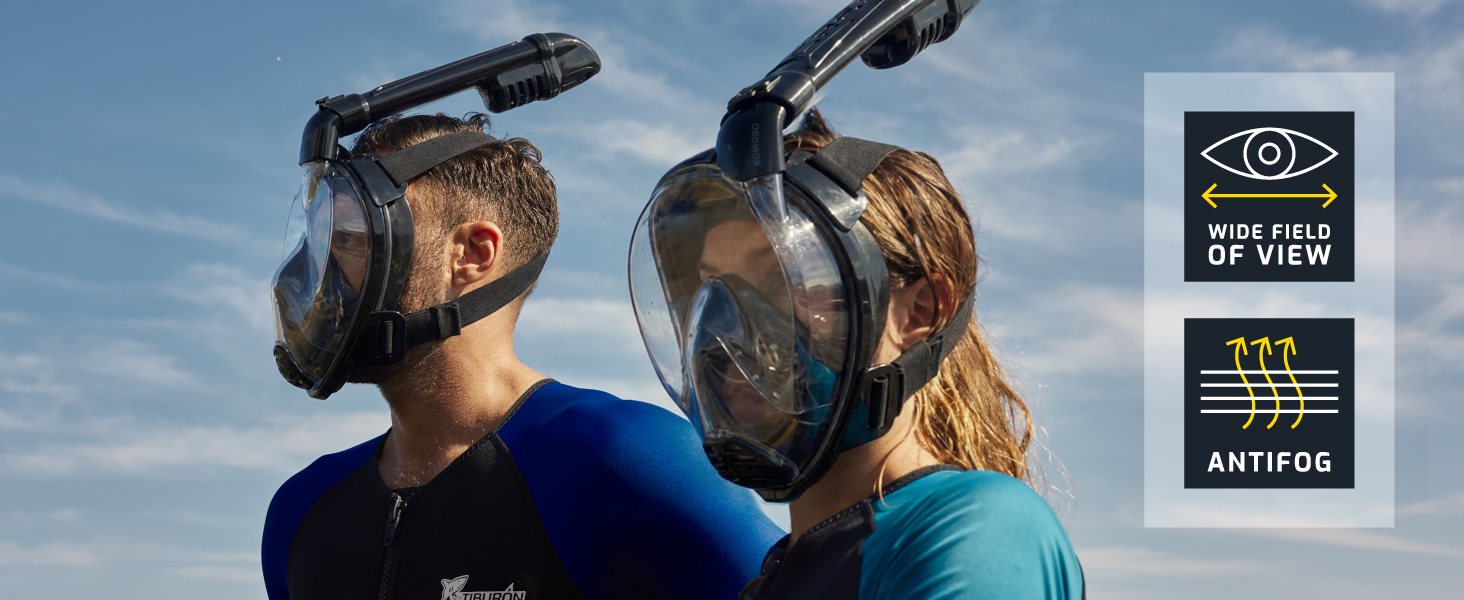 Маска для снорклінгу CRESSI Komodo – повна маска Dry з широким оглядом 180° та боковим загубником. Без запотівання, регульовані ремінці M/L, чорний колір.