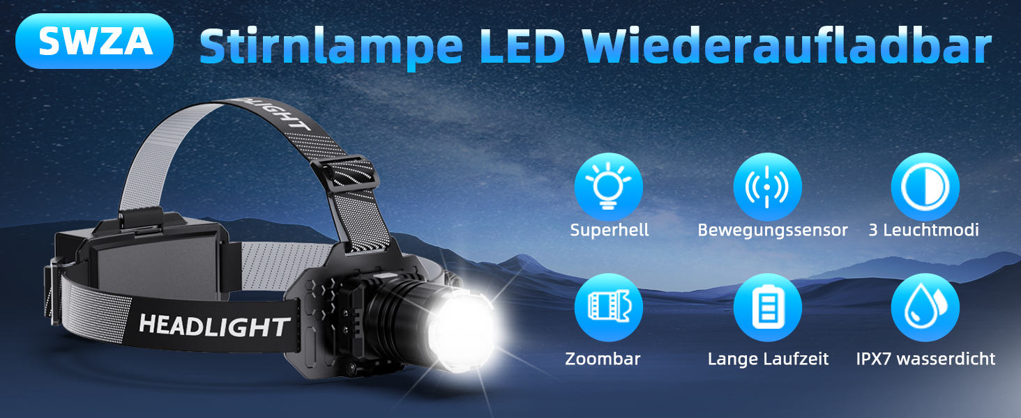 LED налобний ліхтар з акумулятором, надпотужний, з датчиком руху, 3 режими світла та 2 червоних, водонепроникний IPX7, для кемпінгу, бігу, риболовлі, походів, активного відпочинку та надзвичайних ситуацій