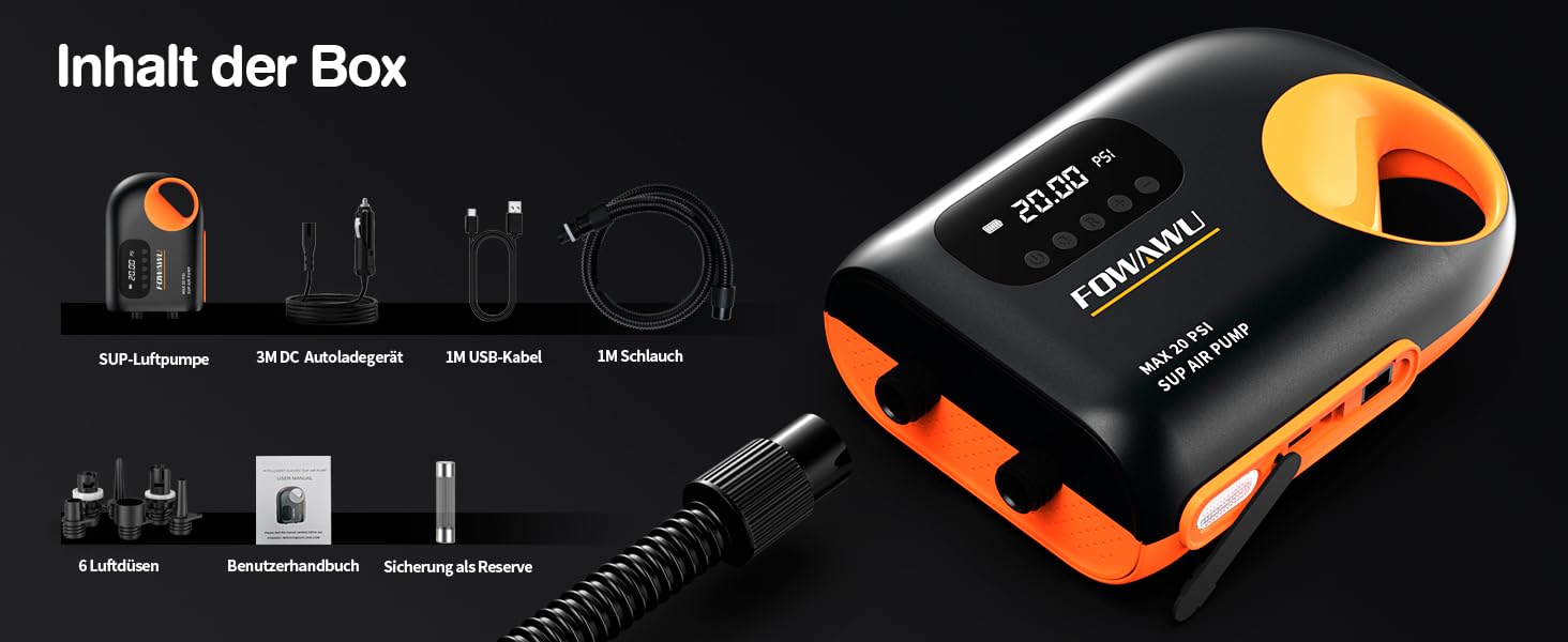 Електричний акумуляторний насос FOWAWU для SUP-дошки, каяка та човнів, 20 PSI, 12V DC, з функцією автостопу, 3*7800mAh