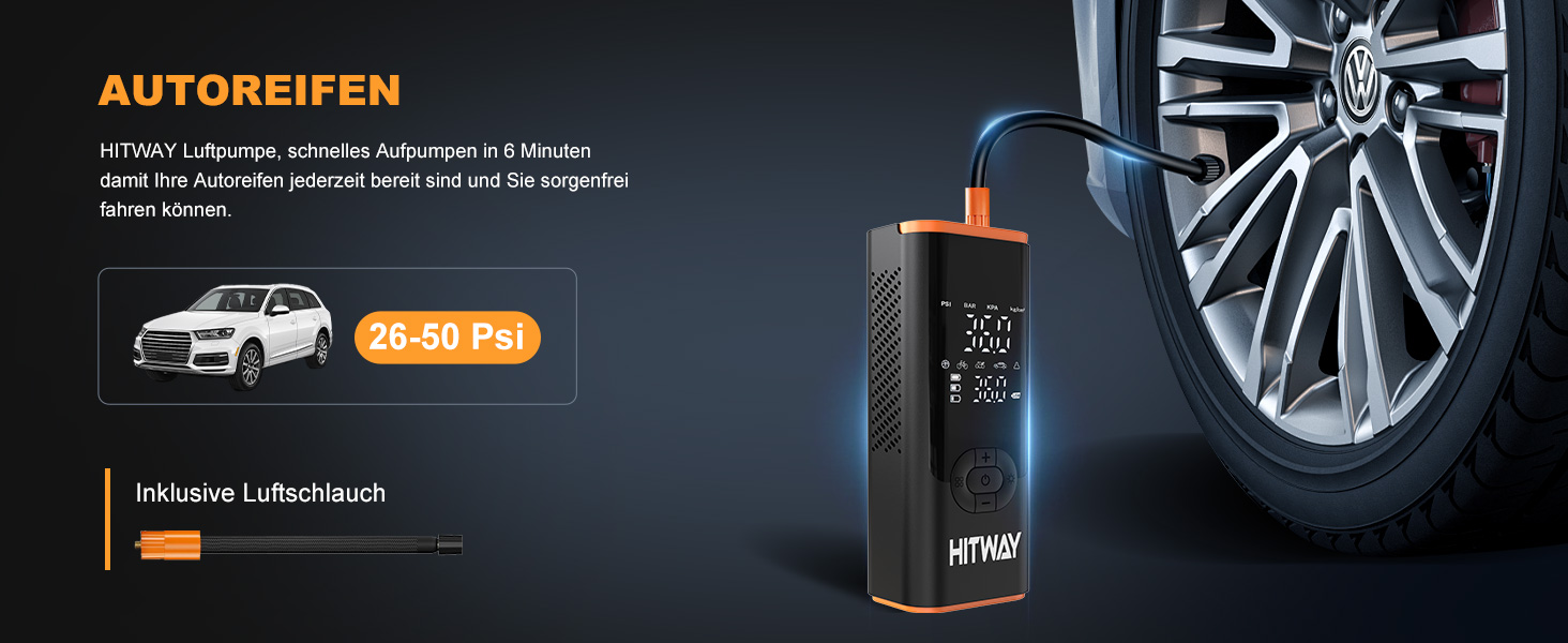 Електрична портативна насосна станція HITWAY 6000mAh, 150PSI, акумуляторний компресор для авто, велосипедів, мотоциклів і м'ячів, з функцією Powerbank