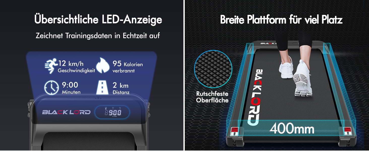 Walkingpad Laufband BLACK LORD MS2: біговий доріжки, 9-16 км/год, регулювання нахилу до 9%, 2.2-3.2 PS, до 140 кг, портативний, тихий, LED-дисплей, додаток, для дому та офісу, біг, фітнес-машина (чорний)