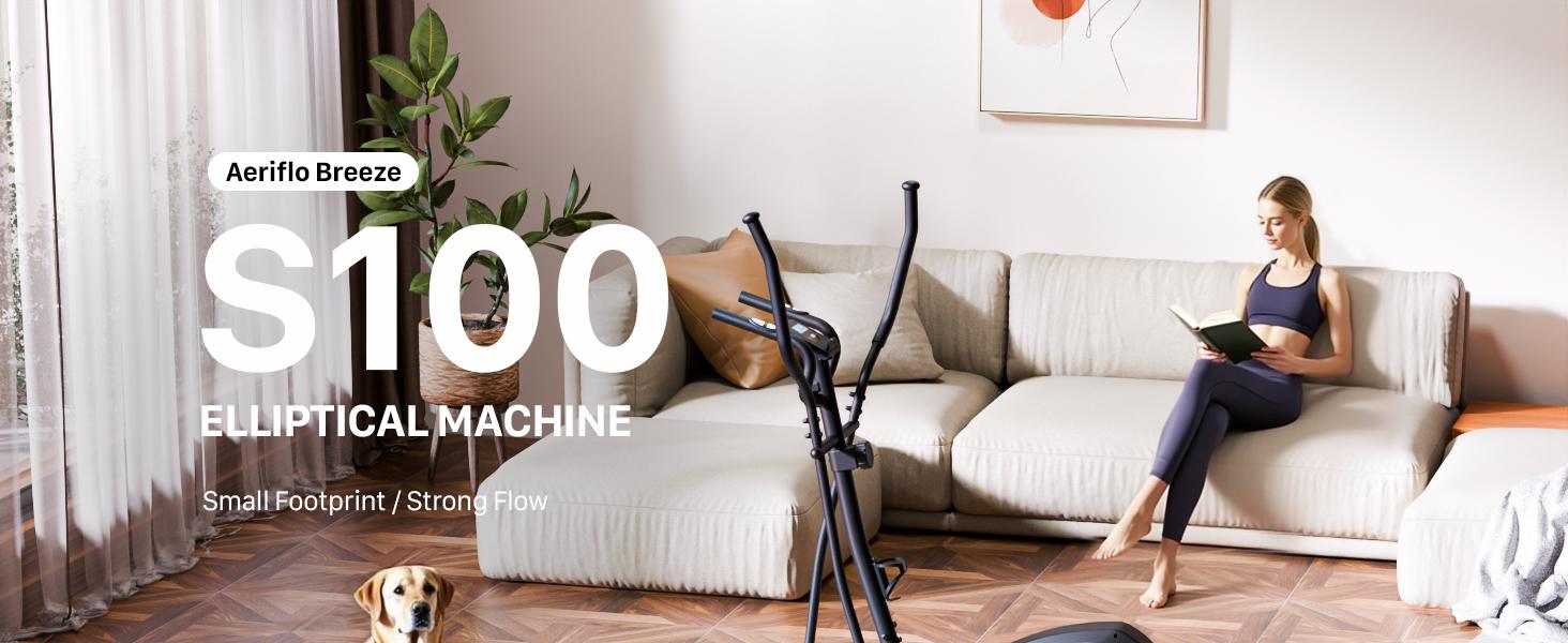 Еліптичний тренажер Aeriflo S100 з Bluetooth та LCD-дисплеєм для дому. 16 рівнів опору, транспортувальні ролики, тиха робота. Ідеальний для кардіотренувань.
