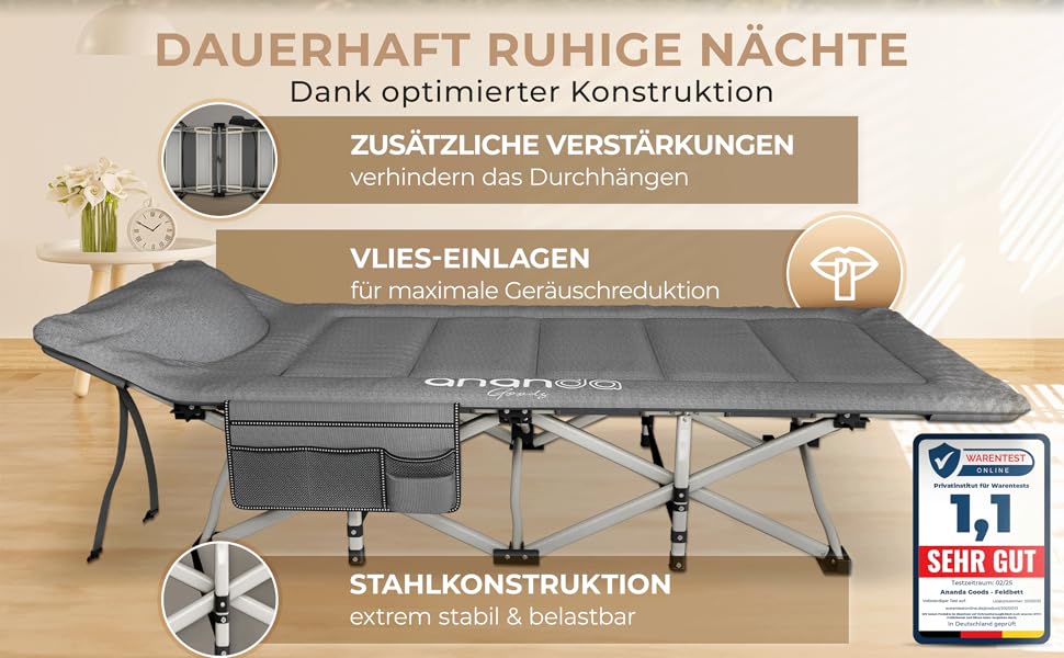 Розкладне ліжко Ananda Goods® для кемпінгу та гостей з матрацом – 190x70 см, карпове ліжко, туристичне ліжко, ліжко з бавовняно-льоновій матрац та простирадлом